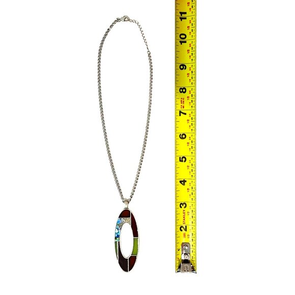 Vintage Mother-of-Pearl Oval Pendant Necklace Silver Chain Geometric Design - Picture 4 of 5